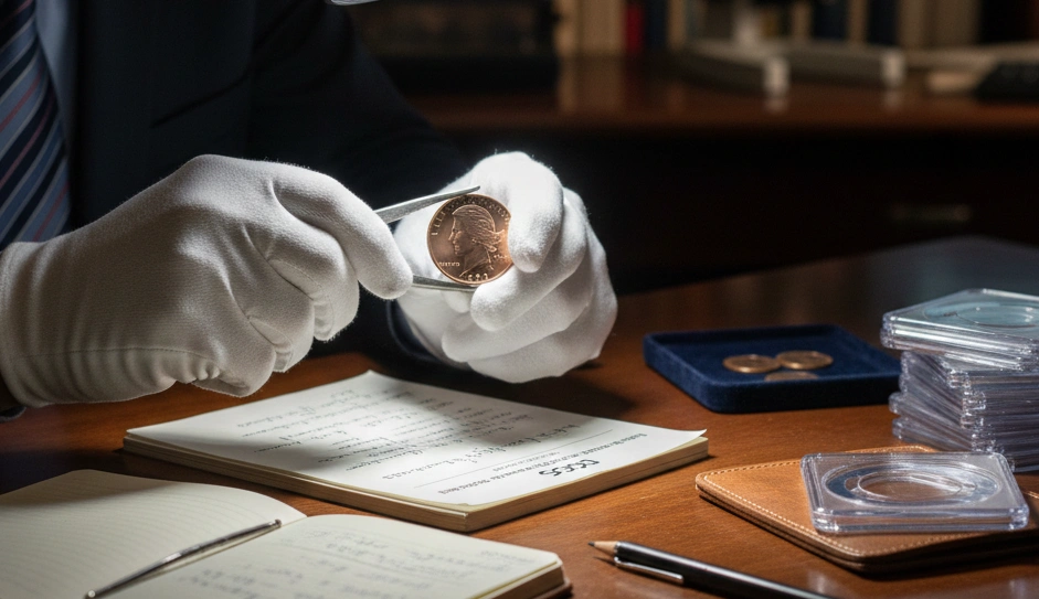 coin grading scene, professional setup