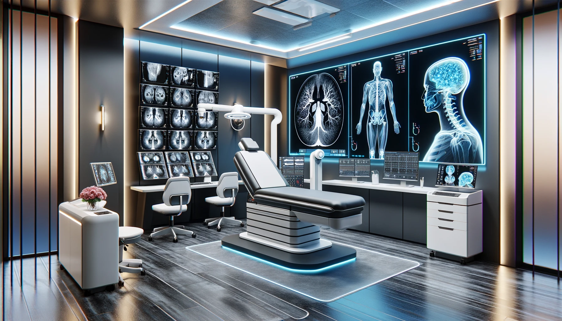 A modern medical imaging and analysis room, featuring state-of-the-art AI-powered diagnostic equipment.