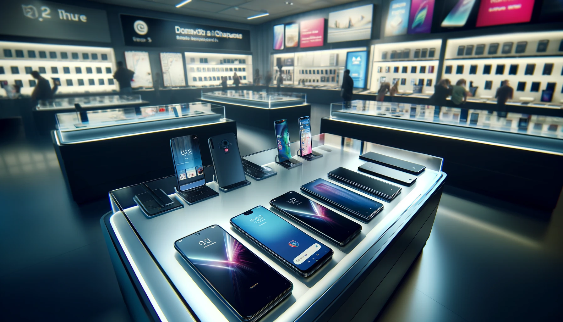 a modern electronics store with various smartphones on a glass display.