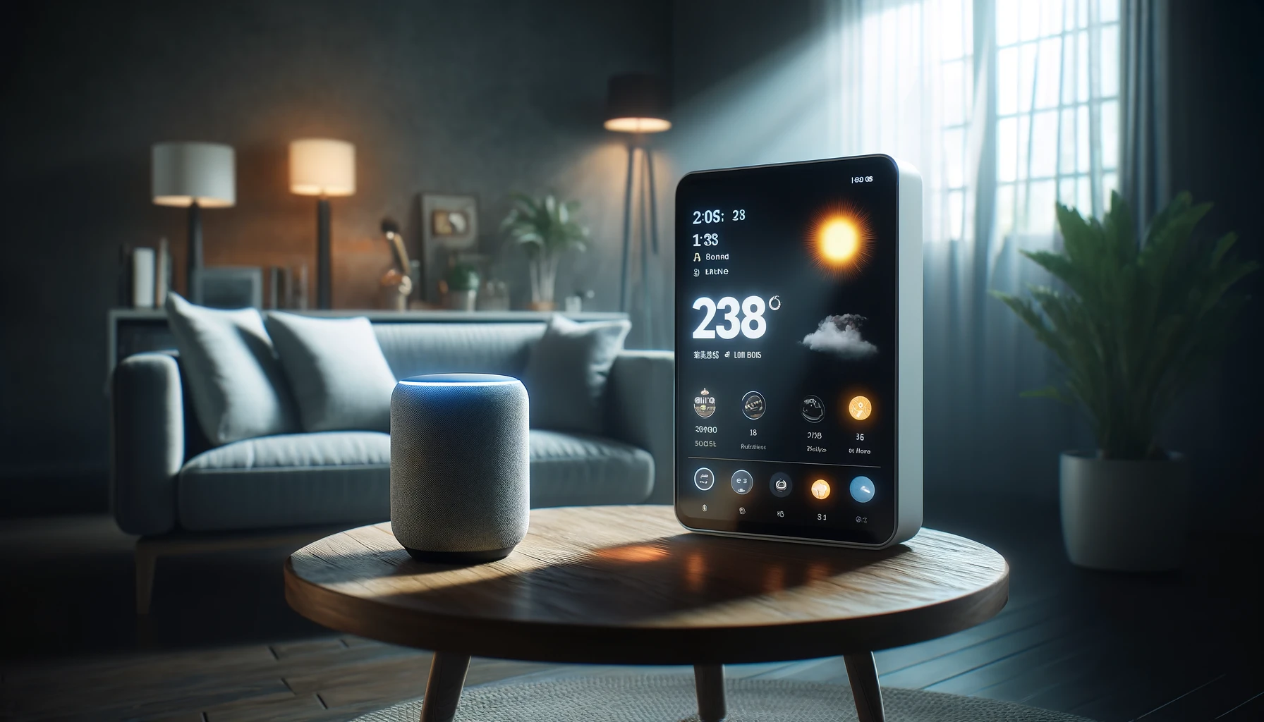 a smart speaker and a digital home assistant displayed in a modern living room.