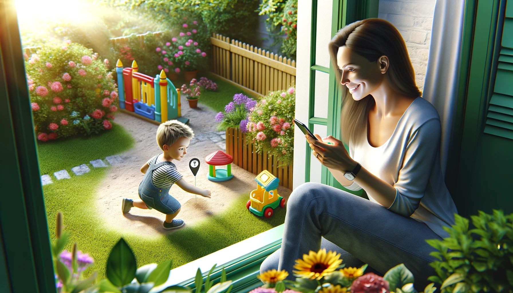 a child playing in a garden while his mother is looking at him from the window and using her phone. The garden is lush and green with flowers and a small play area.