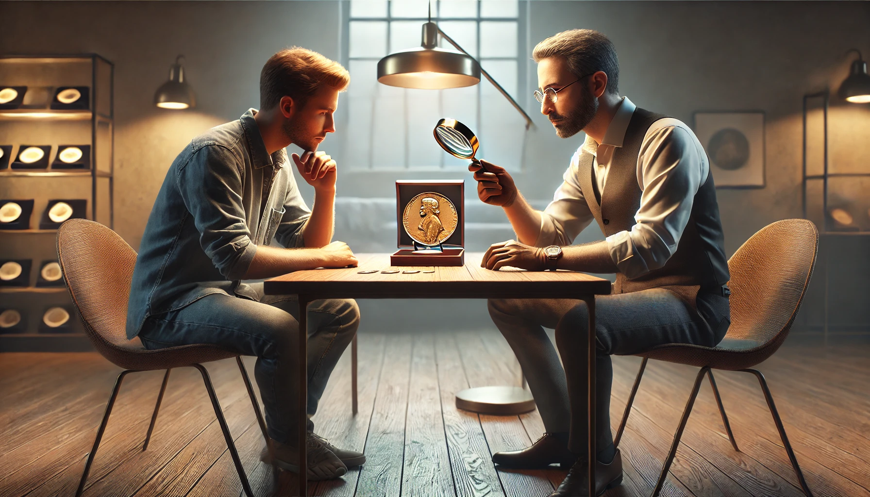 A coin collector sitting across from a professional appraiser in a modern, warmly lit interior. The appraiser is closely inspecting a rare historical coin on a wooden table between them, using a magnifying glass, with an intense focus on the coin's details.