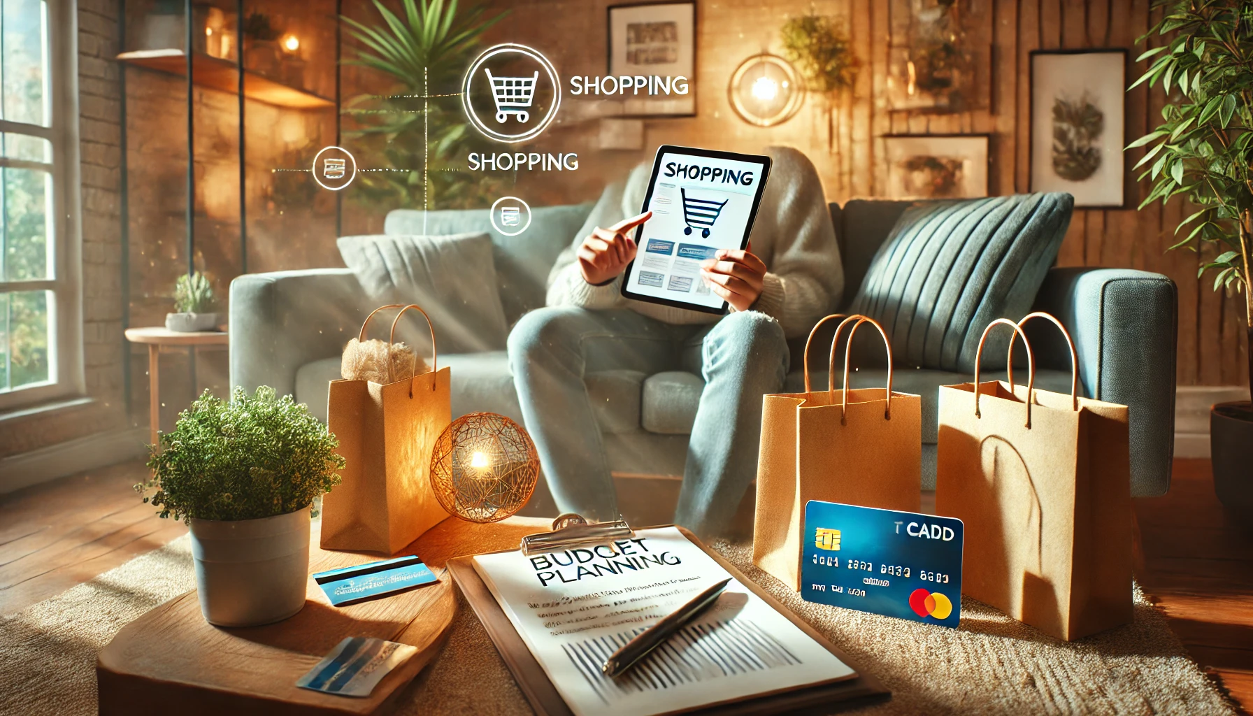 a cozy living room setup with a person using a tablet displaying a shopping app, surrounded by shopping bags, a credit card, and a notepad with handwritten notes about budget planning. 