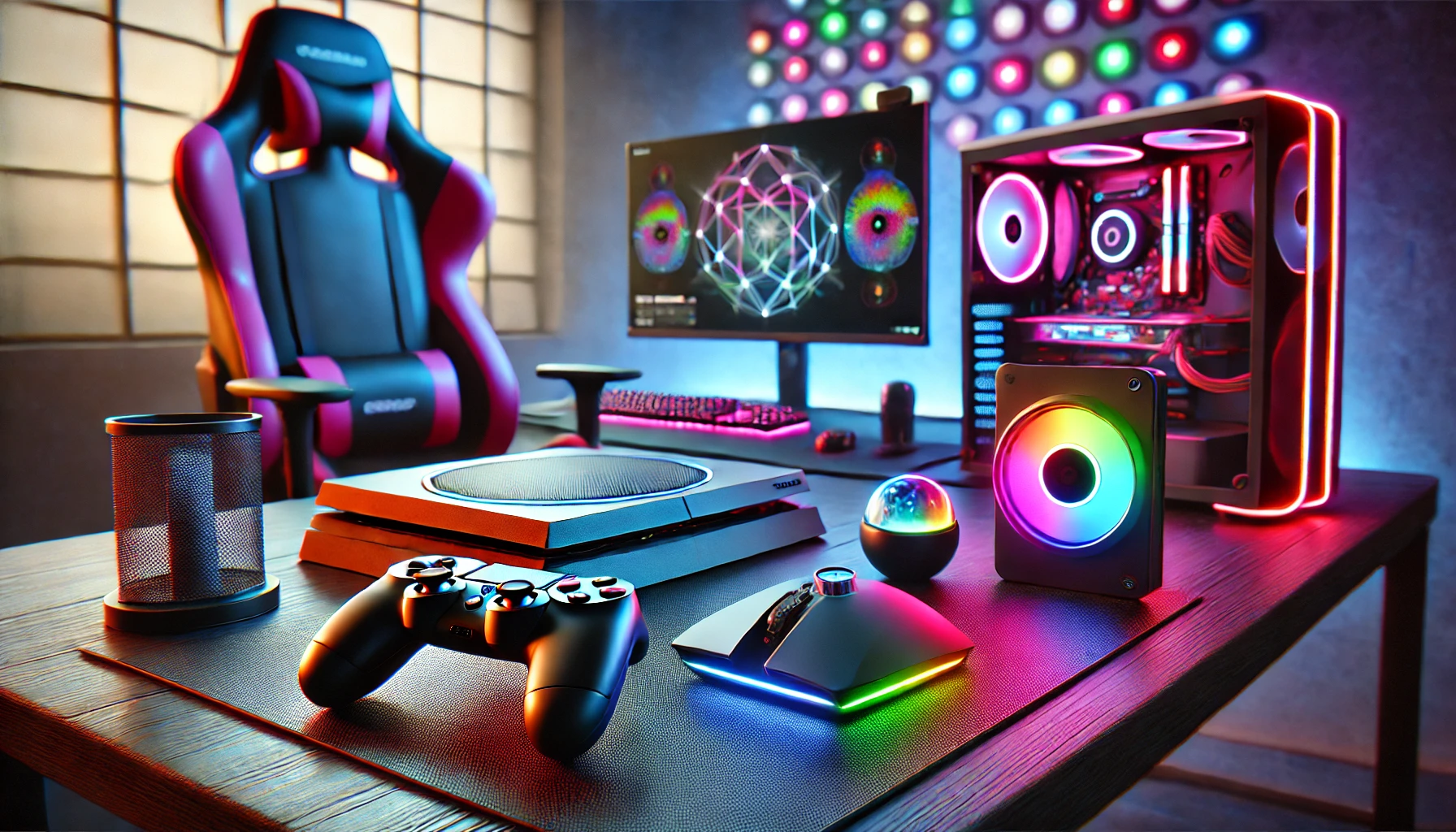 a vibrant tech setup featuring a modern gaming console, a wireless gaming mouse, and an advanced handheld gaming device.