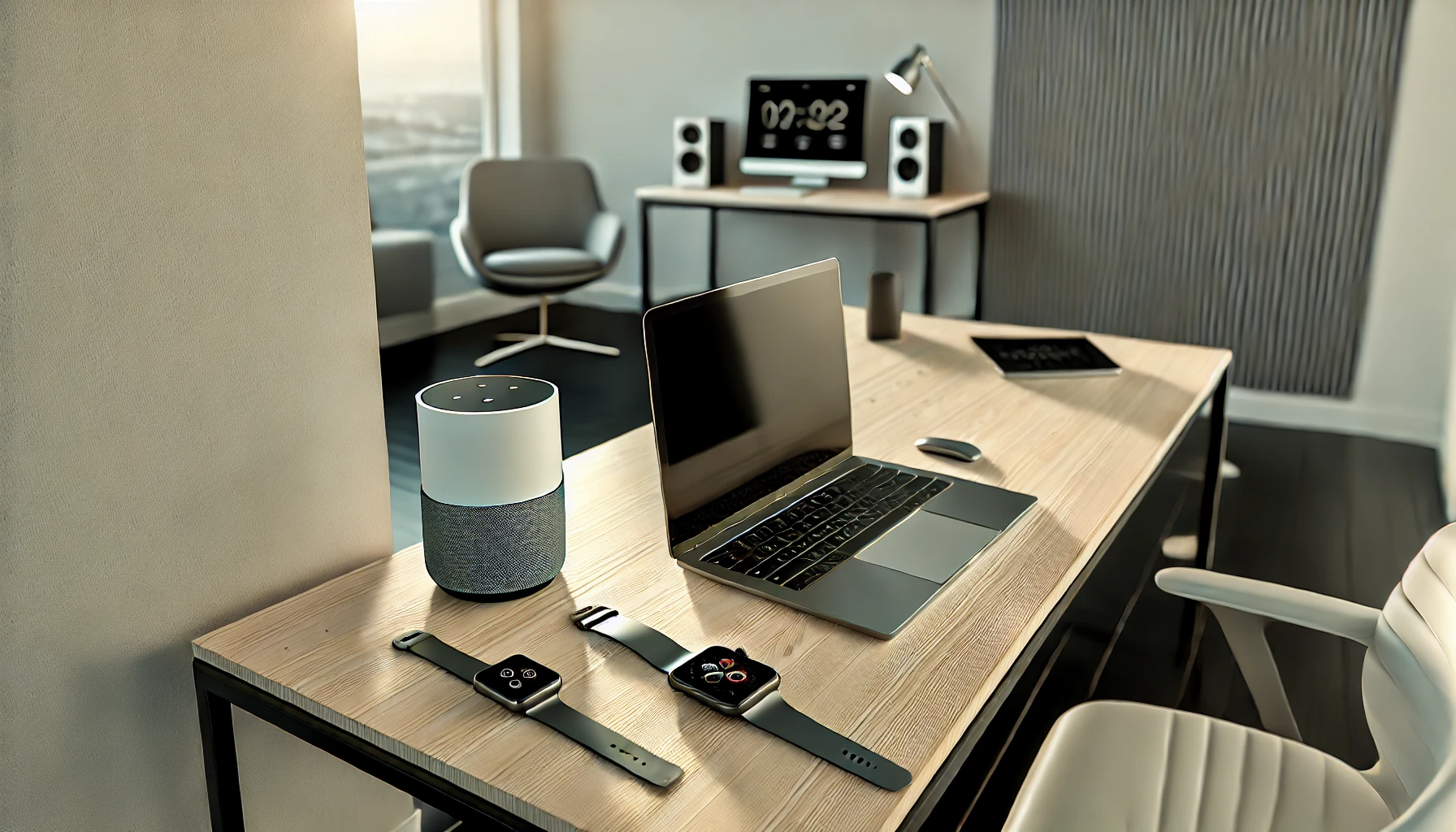 a sleek laptop, a smartphone, and a smartwatch, neatly arranged on a minimalist wooden desk.
