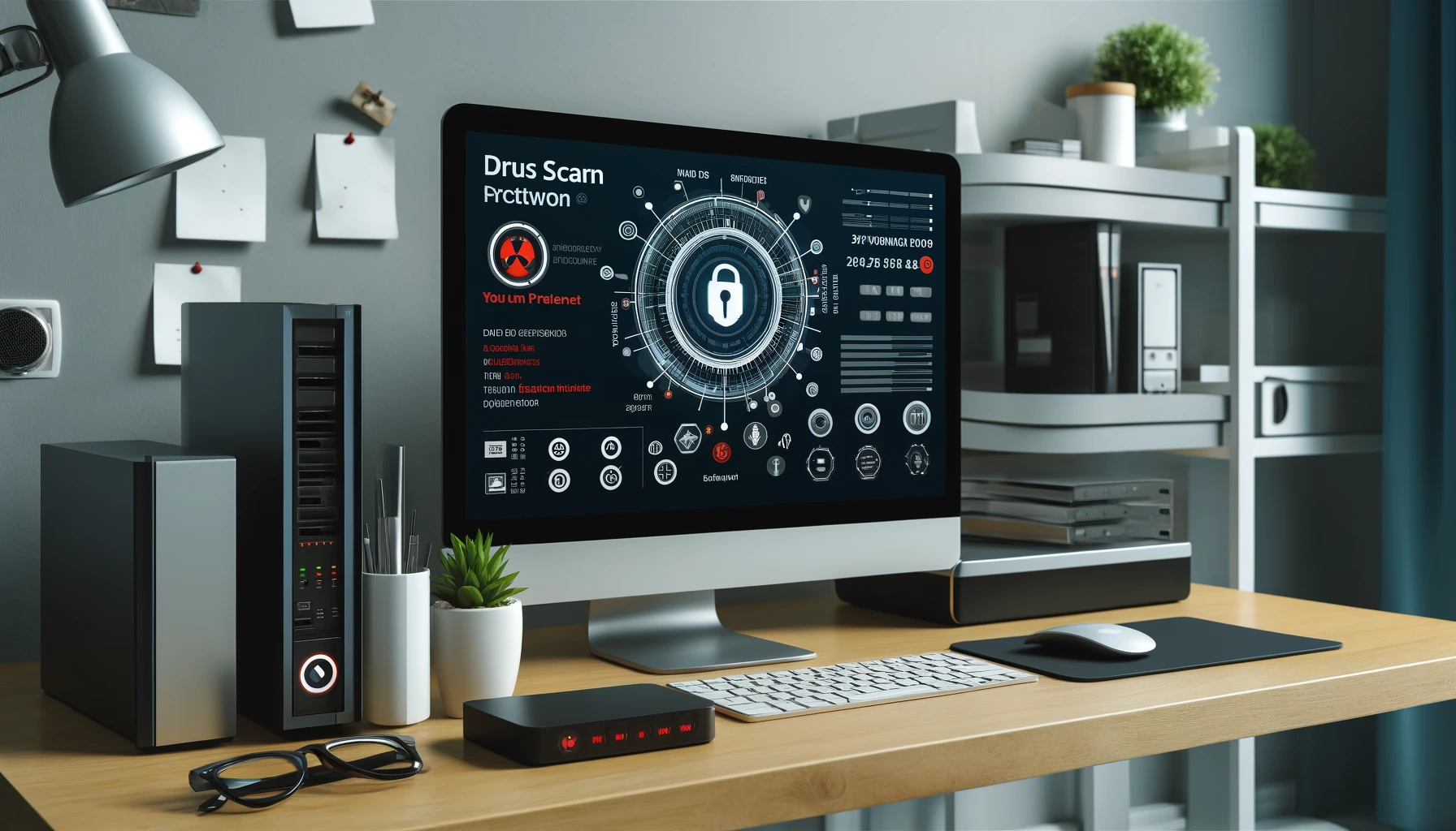 A modern home office setup featuring a desktop computer displaying a foreign cybersecurity software interface.