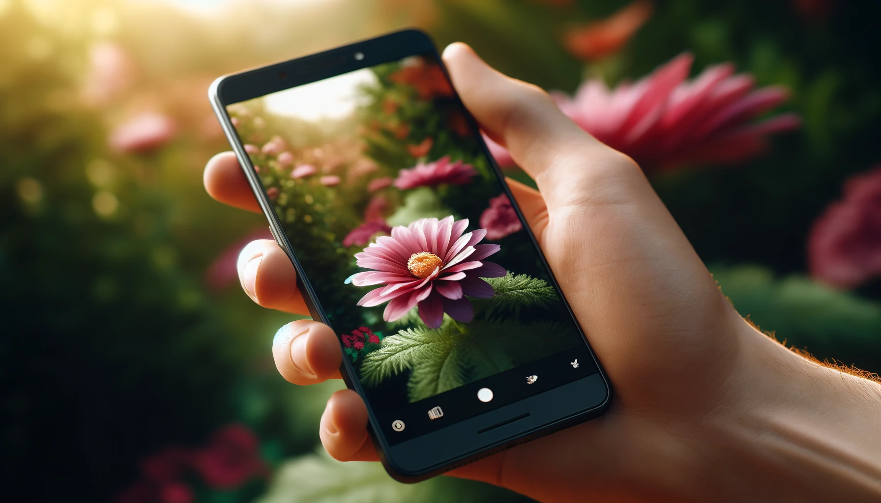 a smartphone capturing a close-up shot of a flower. The smartphone is held close to the flower, highlighting the intricate details and vibrant colors of the petals.