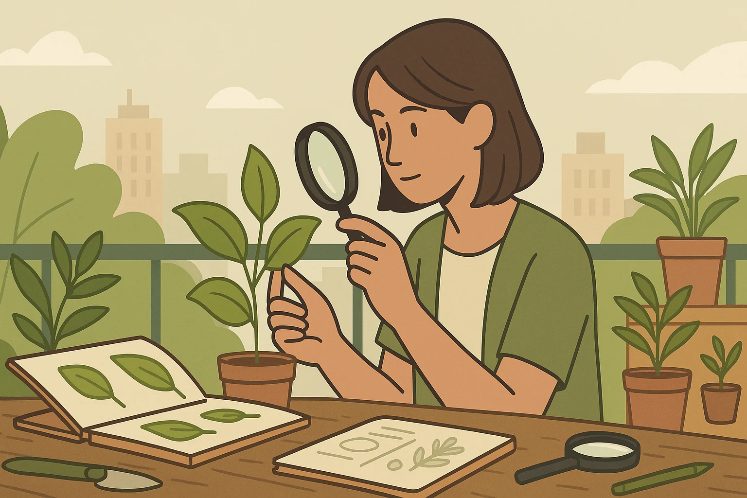 A gardener examines a plant on a balcony garden.