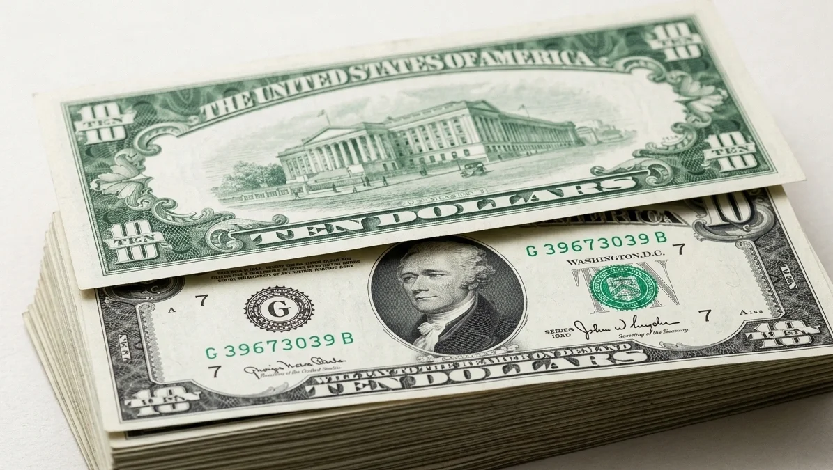 A crisp ten dollar bill laid flat on a neutral matte surface